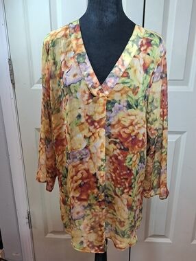 Liz Claiborne Yellow Multi Floral V-Neck Tunic